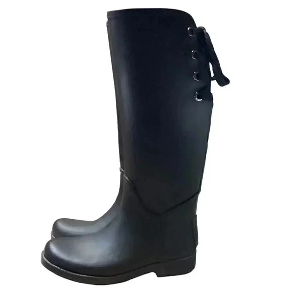 Coach Tristee Womens 7 B Black Lined Tall Lace Up Rubber Rainboots Riding - Picture 6 of 9